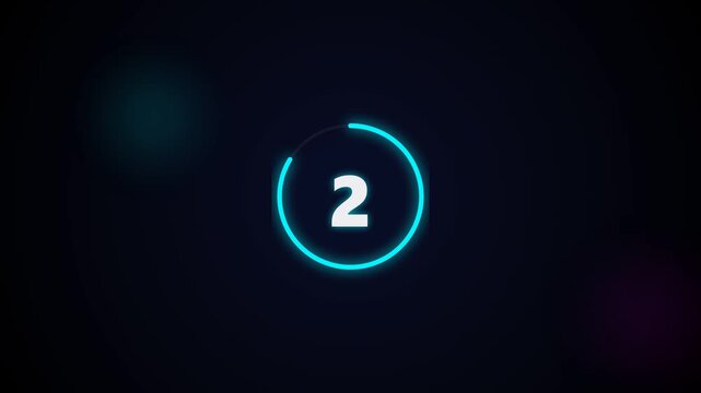 Digital countdown timer with glowing neon circle and number two on a dark background motion graphic