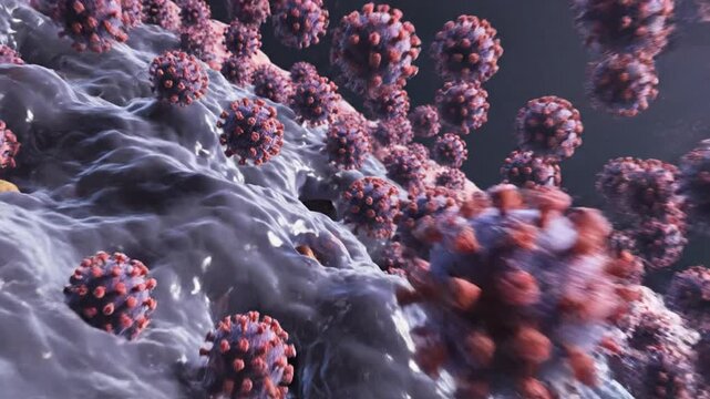 Microscopic 3D animation video of viral cells attacking biological tissue surfaces in a dangerous medical pandemic infection research scenario