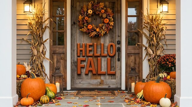 Festive fall front porch decor with pumpkins and wreath