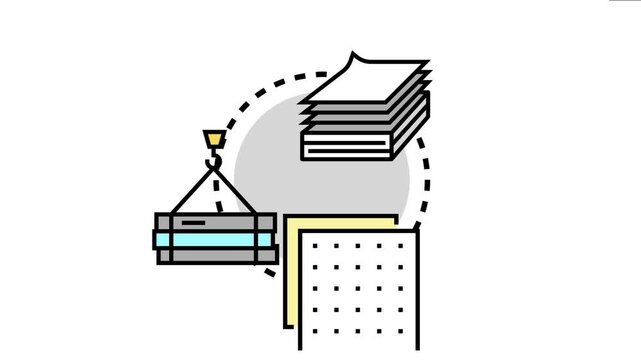 Material requirements list displaying different items needed for production, including stacked paper documents, raw materials, and components lifted by a crane, highlighting supply chain processes