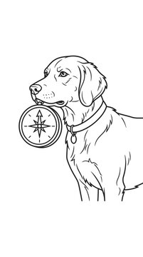Line art illustration of a dog holding a vintage navigation compass in its mouth.