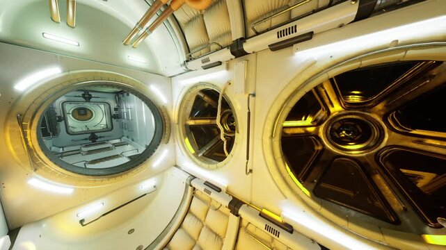 Space station interior circular module corridor with luminescent bulkheads round hatch cupola viewport braided conduit metallic panels ambient yellow lighting