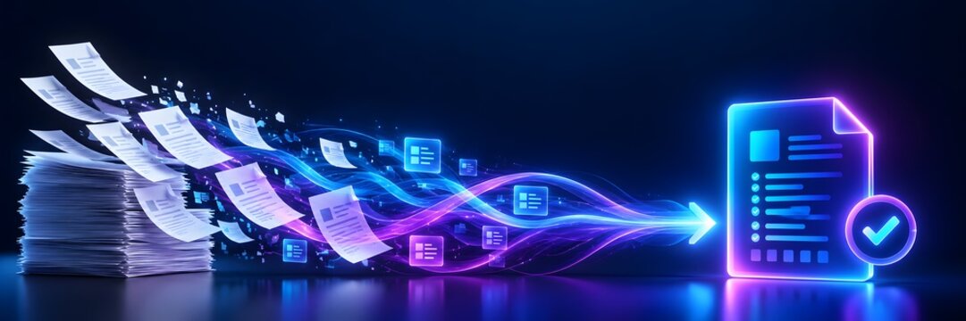 Stack of paper documents converting into glowing digital file icon symbolizing paperless office and data digitalization