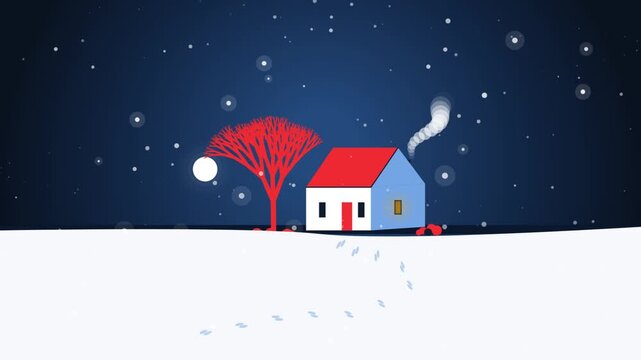 Minimalist winter night landscape animation featuring a cozy home under falling snow with a glowing window and a bare red tree in a serene setting