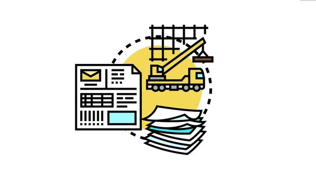 Materials needed list construction planning, building project requirements, procurement processes, and resource management with a crane and documents