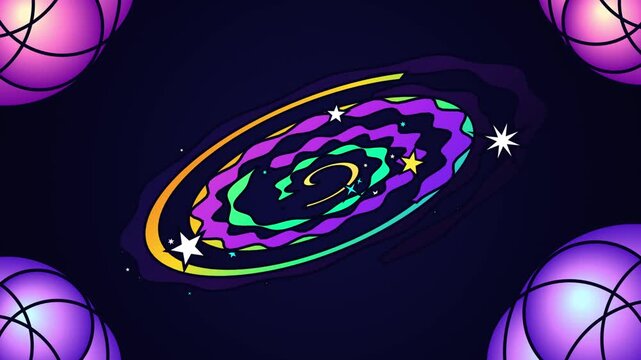 Neon Galaxy Animation with Glowing Stars and Rotating Orbs on Dark Background for Cosmic Motion Graphics Design Project and Digital Space Visuals