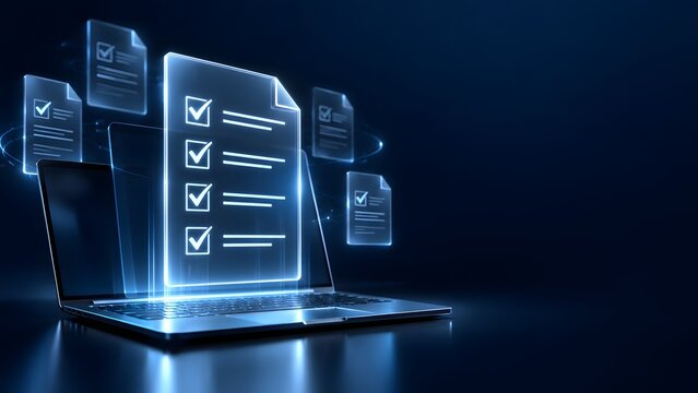 Glowing digital checklist floating above laptop for online survey and task completion