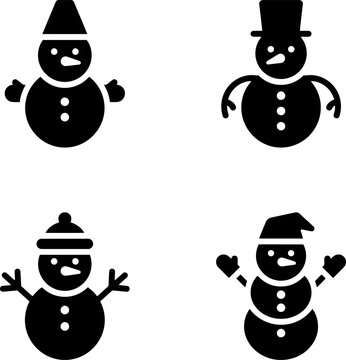 Set of four minimalist black snowman icons wearing different winter hats and mittens for seasonal holiday design projects