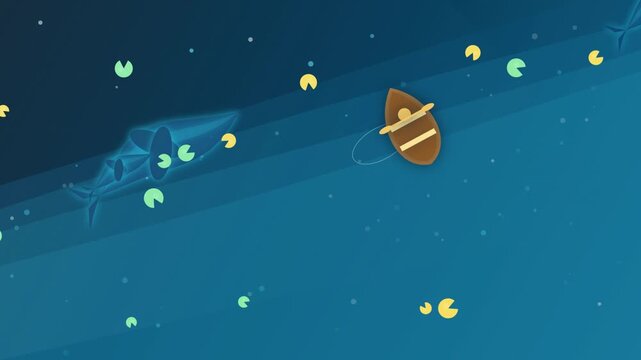 Minimalist 2D Animation Featuring A Small Brown Rowing Boat Floating On Calm Dark Blue Water With Floating Yellow Lily Pad Icons In A Serene Scene