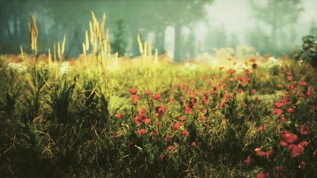 Sunlit grassland with golden reeds, scattered blooms catching warm light, soft haze in background, intimate close perspective ideal for seasonal and wellness