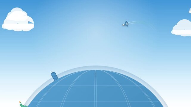 Minimalist Animated Motion Graphic Featuring A Blue Airplane Circling Around The Globe Over Famous Worldwide Landmarks Against A Bright Sunny Sky
