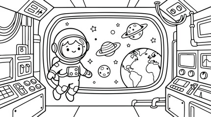 Astronaut looking out spacecraft window at planets and earth in black and white © Humayra