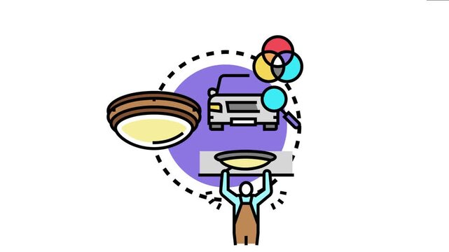 Expert installing a ceiling light fixture while a magnifying glass inspects a car for precise color matching