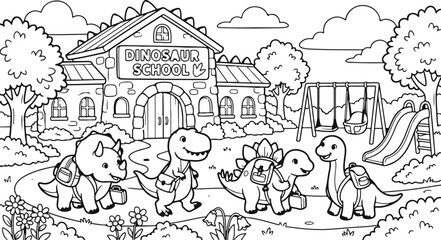 Charming black and white illustration of dinosaurs walking toward a schoolhouse scene © Humayra