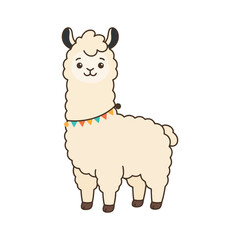 Fototapeta premium Cute cartoon alpaca with colorful flags on neck.