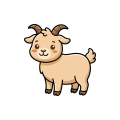 Fototapeta premium Cute cartoon goat with brown horns and tail on white background.