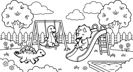 Charming black and white illustration of dinosaurs playing on a playground with a slide and swing © Humayra