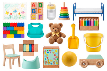 Fototapeta premium Educational kindergarten concept and creative child care playroom elements for preschool learning. Large set of various baby toys isolated on a transparent or white background.