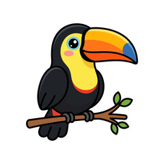 Obraz premium Colorful cartoon toucan perched on branch with bright beak and lush feathers.