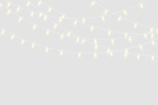 Warm glowing string lights hanging across background. Festive fairy light garlands for wedding, Christmas and party decoration