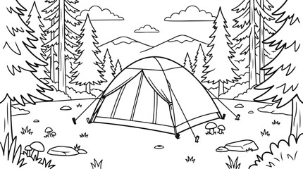 Hand drawn illustration of a tent in a forest with mountains in the background © Humayra