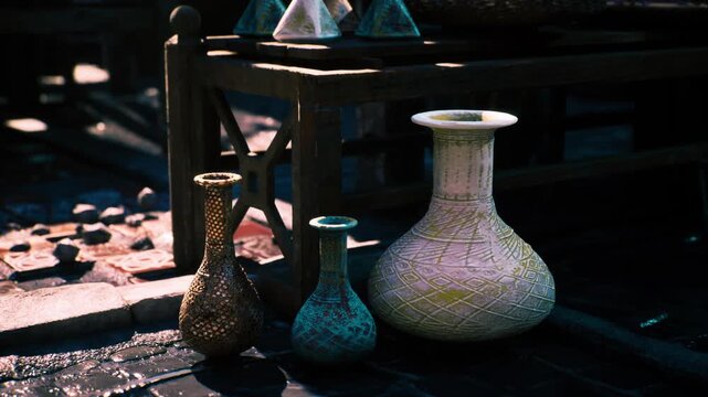 Weathered ceramic vases on wooden ties, dusk rimlight catches crackle glaze and patina, scattered gravel and warm shadows create quiet market discard mood,