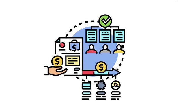 Payment reconciliation process icon showing money flowing from hand to records, processed through a system, and verified against customer data