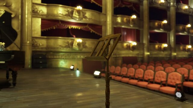 Empty ornate theater stage with microphone, grand piano tucked stage left, rows of plush red seats and gilded box balconies, crystal chandelier casting warm