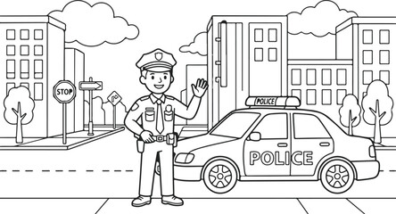 Friendly police officer stands near patrol car in a city street scene illustration © Humayra