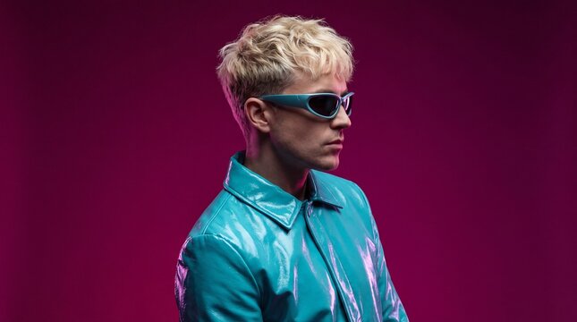 A stylish person with blonde hair and edgy sunglasses, adorned in a glossy teal jacket, poses confidently against a vibrant magenta backdrop, exuding modern coolness and bold individuality.
