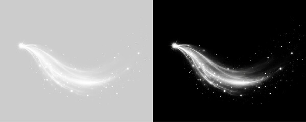 White glowing light trail with magic sparkle and glittering particles. Flying shooting star comet swirl overlay isolated on transparent and black background © KETRIN