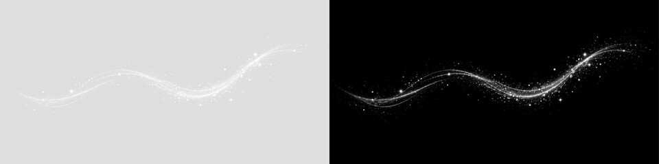Glowing white light trail with sparkling stardust. Magic wave line with glitter particles isolated on transparent and black background. Luminous motion effect overlay © KETRIN