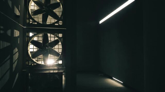 Dim industrial room with large fans and fluorescent strip light, metal grating and cooling units framed by concrete walls tense cinematic atmosphere,