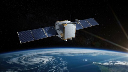 Satellite Orbiting Earth, Detailed Space Exploration Concept. Communication Technology, Scientific Research © Vectune