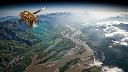 Satellite Orbiting Earth, Showcasing a Detailed View of a River Valley Landscape © Vectune
