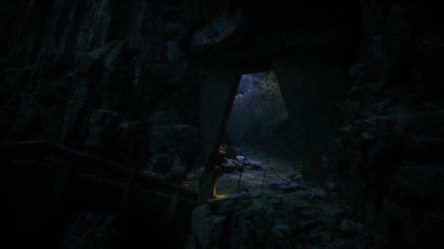Vast subterranean bridge spans dark chasm under distant light, sweeping rock walls and hanging stalactites create monumental atmosphere, tiny lights dot railing