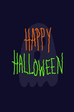 Happy Halloween typography text in spooky creepy font style with orange and green colors on dark background.