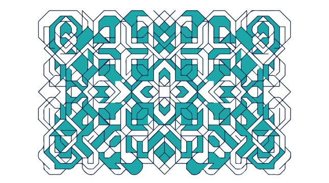 A symmetrical matrix of interlocking geometric lattice shapes representing post-quantum cryptographic security. The composition uses thin navy blue lines and solid teal blocks on a vast white