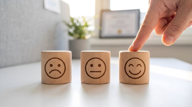 Hand selecting a happy face wooden block from a row of three with varying expressions representing customer satisfaction or emotional choice
