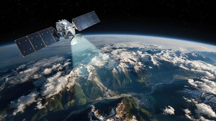 Satellite Orbiting Earth, Transmitting Signal Towards Snowy Mountain Range Featuring Orbit, Space © Vectune