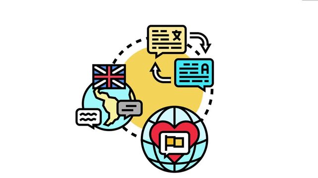 Global language education process involving translation between diverse communication bubbles, fostering international understanding and cultural exchange
