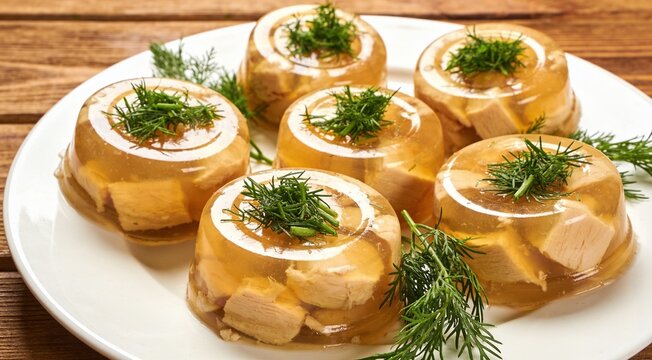 Minimalist composition of traditional Russian chicken aspic with dill on a white round plate, natural wooden background, soft shadows and clean styling.