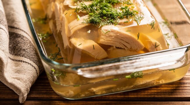 Homemade Russian chicken aspic jelly garnished with delicate dill, elegantly arranged on a white plate over a warm wooden table, professional food photography.