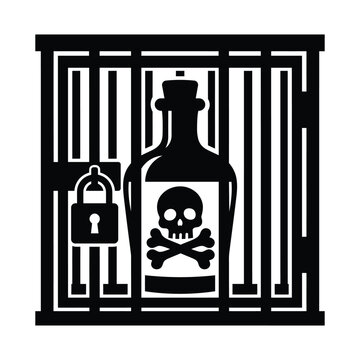 Toxic Chemical Bottle Caged with Padlock Minimalist Black White Silhouette Danger Icon Art