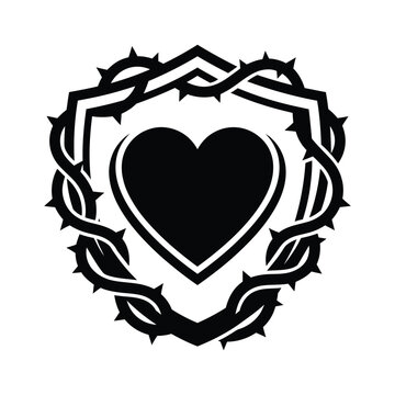 Silhouette of Heart Inside Thorn Wreath Minimalist Black White Conceptual Guarded Love Art