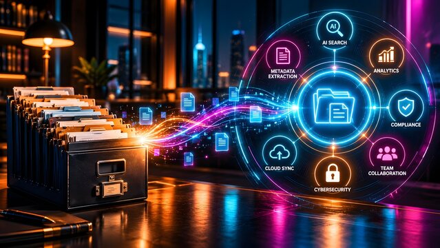 Physical filing cabinet converting paper documents into a glowing digital interface with metadata extraction and cloud sync automation