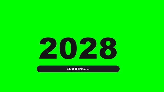 Flat vector new year loading transition like the reference on solid chroma green background with NO shadows at all: huge black bold digits 2 0 static with equal spacing; last two digits start as black