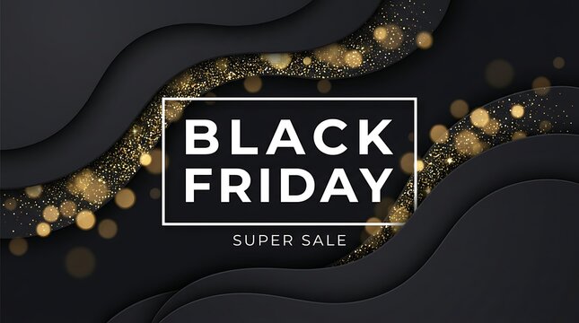 Black friday super sale banner with gold glitter and wavy paper layers