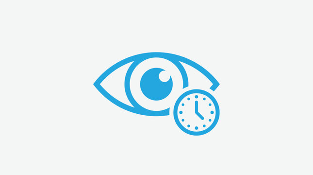Blue eye icon with analog clock representing vision screening schedule regular ophthalmic examination appointments and timely eyesight healthcare management checkup.