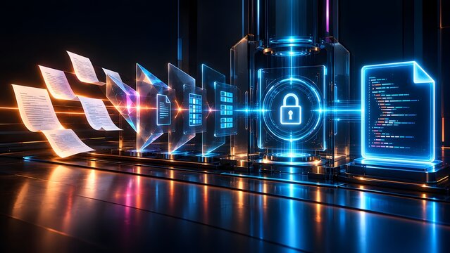 Digital document conversion workflow showing flying papers transforming into structured data and entering a secure server with padlock icon